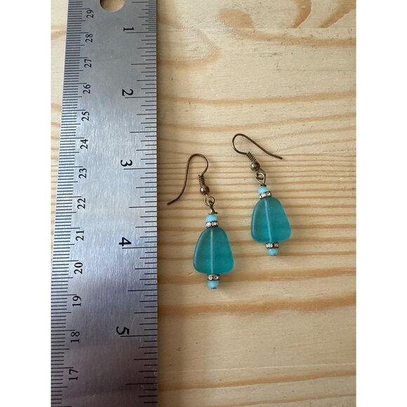 Blue Dangle Earrings With Rhinestone Accents & Bronze Hooks - Picture 5 of 5